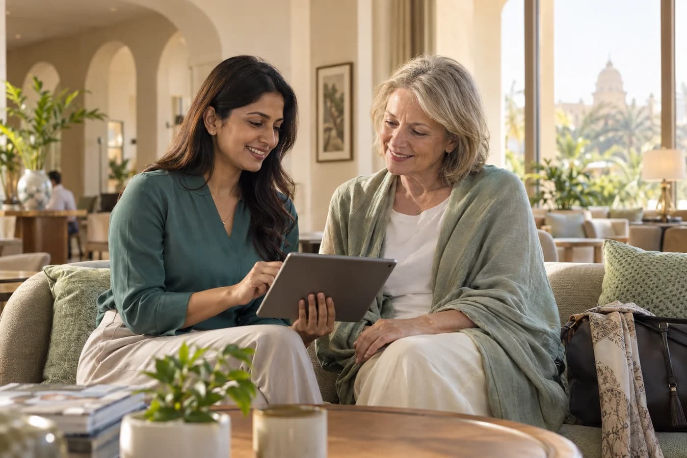 Illustrative care coordinator and patient talking in a sunlit lounge